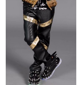 Boys kids black with gold leather rivet jazz dance pants model show drummer host rapper singer street school modern dance long trousers